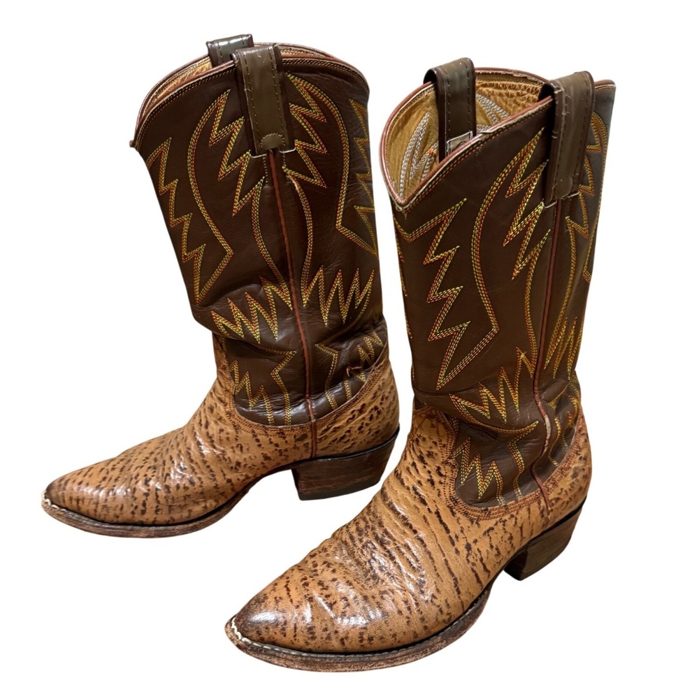 Nocona Vintage Mens Exotic Shark Leather Cowboy Boots Brown‎ 8.5 D 3777 6966